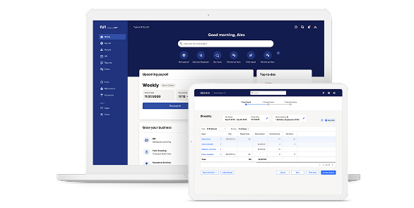A laptop and tablet display RUN Powered by ADPs interface, showing payroll management features, upcoming tasks and employee data entry.
